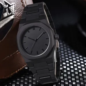 Macro view of a premium all-black matte quartz watch with a minimalist octagonal bezel