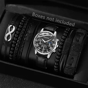 Detail of men's business quartz watch set with four matching black bracelets