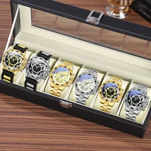 Luxuriöse Herren-Quarzuhren mit Metallarmband in einer schwarzen Uhrenbox präsentiert