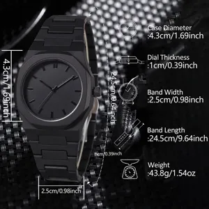 Detail view of black men's quartz watch showing 4.3cm case diameter and dimensions