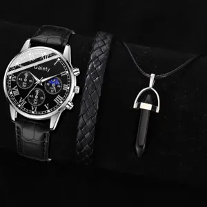 Men's premium quartz watch set with black leather strap, braided bracelet and pendant.