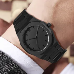 Close-up of minimalist all-black men's quartz watch with octagonal bezel design
