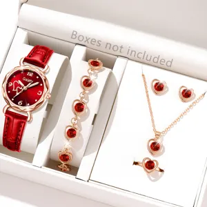 Elegantes Damenuhrenset mit rotem Lederarmband und passendem Herzschmuck mit Kristallen.