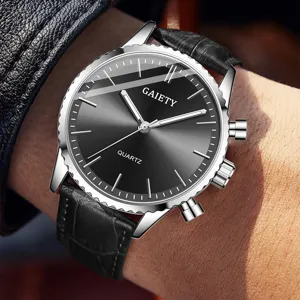 Detailansicht der GAIETY Herren-Business-Quarzuhr mit schwarzem Zifferblatt und Lederarmband