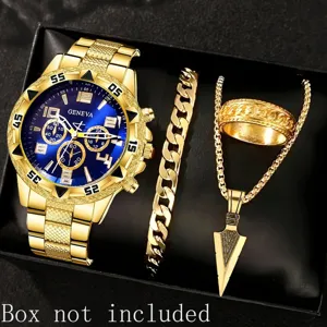 Luxuriöses Herren Gold Uhr Set mit Armband Halskette und Ring Detailansicht Geschenk