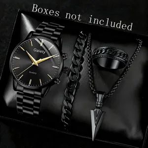 Schwarzes Herren-Accessoire-Set mit Quarzuhr, Panzerarmband, Ring und Pfeil-Halskette