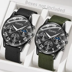 Detailansicht von Herren-Quarzuhren mit schwarzen und grünen Canvas-Armbändern.