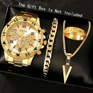Luxury gold men's watch set including Cuban bracelet, ring, and arrow necklace