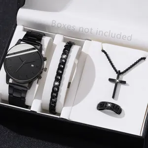 Stylish 4-piece men's black watch set including bracelet, cross necklace and ring