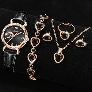 Elegantes 5-teiliges Schmuckset für Damen mit Uhr und Accessoires im schwarzen Herz-Design.