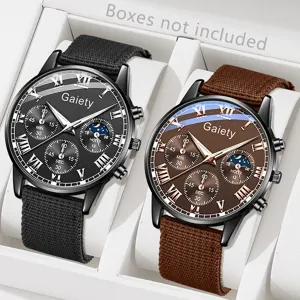 Detaillierte Nahaufnahme von zwei Gaiety Herren-Quarzuhren mit Canvas-Armbändern