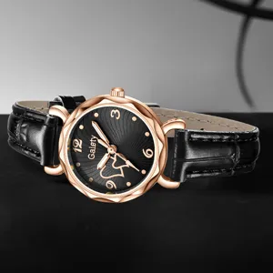 Elegante Damen-Quarzuhr mit schwarzem Lederarmband und Zifferblatt mit Herzmuster-Detail