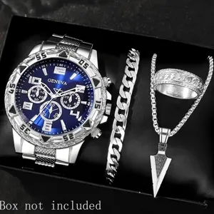 Detailansicht des luxuriösen silbernen Herrenuhr-Sets mit Armband, Ring und Kette.