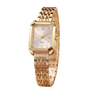 Elegante goldene Damenquarzuhr mit rechteckigem Zifferblatt und Gliederarmband aus Metall