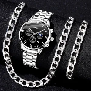 Set orologio Geneva argento da uomo e catena a maglie spessa su sfondo nero scuro