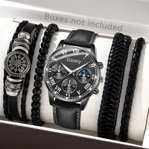 Makroansicht der schwarzen Business-Quarzuhr mit vier einzigartigen Lederarmbändern.