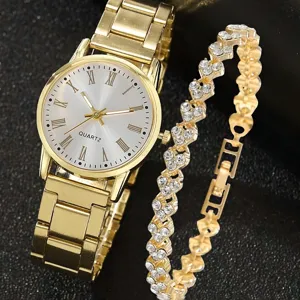 Luxus Legierung Strass Damen Quarzuhr Und Herz Armband Mode Römische Ziffern Schmuck Armbanduhr Zubehör Für Damen