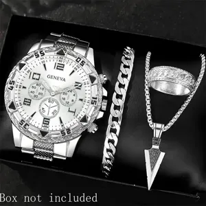 Detailansicht des silbernen Herrenuhren-Sets mit Armband, Ring und Pfeilspitzen-Anhänger.