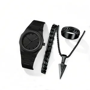 4-piece men's matte black set including quartz watch, bracelet, ring and arrow necklace
