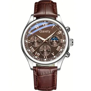 Classic men's business quartz watch with brown leather strap and Roman numerals
