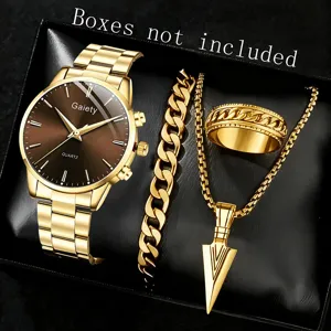 Goldene Herren-Quarzuhr und passendes Schmuckset präsentiert in einer schwarzen Box