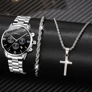 Elegante set orologio al quarzo Geneva argento da uomo con bracciale e collana a croce