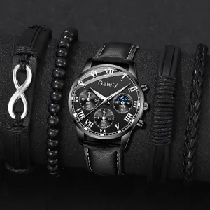 Herren Business-Uhrenset mit schwarzem Lederarmband und vier passenden Armbändern