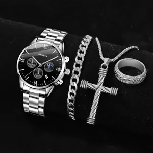 Set orologio da uomo Geneva argento con collana a croce, bracciale e anello moda