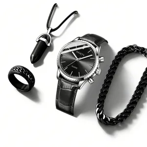 Herren-Quarzuhr-Set im Business-Stil mit Lederarmband Ring Halskette