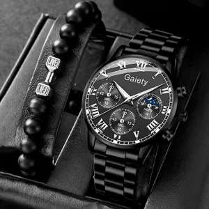 Herren Business Quarzuhr mit schwarzem Stahlband und Hantel-Perlenarmband-Set