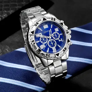 Close-up of a luxury men's business watch with a blue dial and silver band