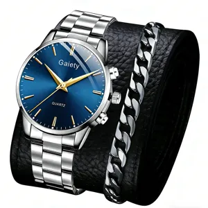 Professionelles Gaiety Herren-Quarzuhr und silbernes Panzerketten-Armband-Set mit blauem Zifferblatt