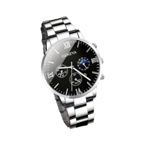 Orologio al quarzo Geneva da uomo classico con cinturino in acciaio e quadrante nero.