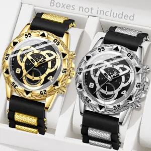 Detaillierte Ansicht der goldenen und silbernen Herren-Quarzuhren mit Silikonarmband