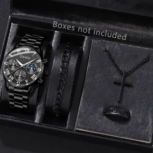 Herren Mode Schmuckset mit schwarzer Quarzuhr, Armband und Kreuz Halskette für Männer
