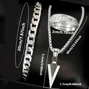 Detailed size guide for silver men's jewelry set with arrow pendant and curb chain