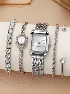 Elegantes silbernes Damen Quarzuhren und Armband Set mit glänzendem Edelstahlarmband