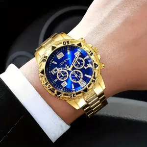 Close-up of luxury Geneva men's business watch with gold metal band and blue dial