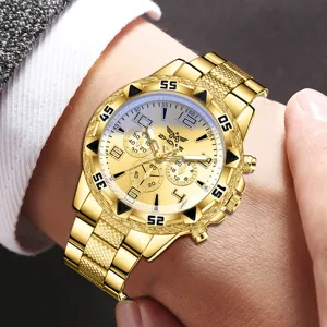 Klassische goldene Herren-Quarzuhr mit Blaulichtglas und luxuriösen Dekor-Zifferblättern