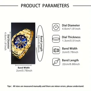 Comprehensive size parameters for the gold business watch featuring a 4.6cm dial diameter.