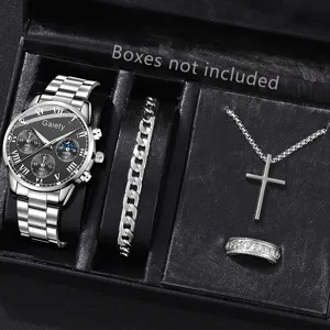 Detailansicht eines silbernen Herren-Quarzuhrensets mit Armband, Kreuzkette und Ring