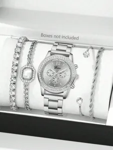 Elegantes silbernes Quarzuhren- und Armbandset für Damen mit Kristalllünette