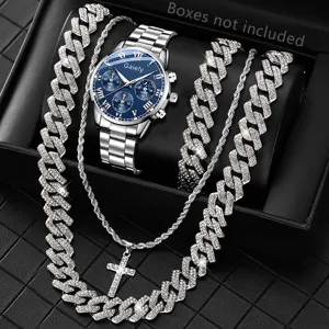 Detailansicht Herren Silberuhr und Iced-out Panzerkette Schmuckset in Schwarz