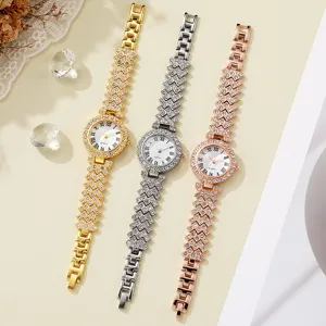 Elegante, mit Strass besetzte Damen-Quarzuhren in den Farben Gold, Silber und Roségold.