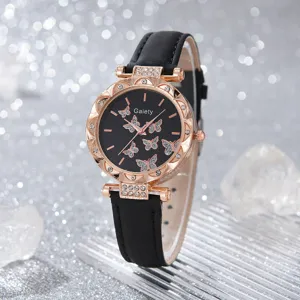 Elegante roségoldene Damenuhr mit schwarzem Lederarmband und Schmetterlingsmuster-Zifferblatt