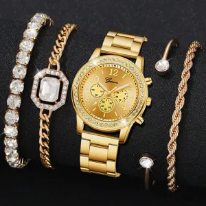 Luxuriöse Damen-Quarzuhr in Gold mit Kristallarmband und Ring-Accessoire-Set