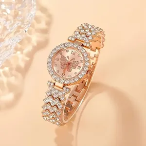 Elegante roségoldene Damenuhr mit Schmetterlings-Zifferblatt und strassbesetztem Stahlarmband