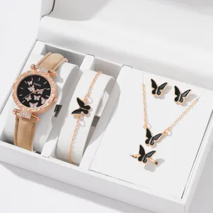 Detailansicht Damenschmuckset mit Schmetterlingsuhr, Kette und Ohrringen in einer Box