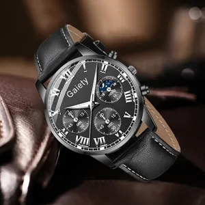 Nahaufnahme der Gaiety Herren Business Quarzuhr mit einem hochwertigen schwarzen Lederarmband.