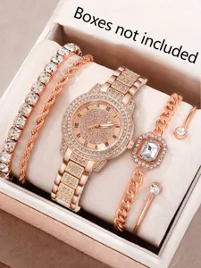 Set aus roségoldener Uhr mit römischen Ziffern und vier Kristall-Armbändern